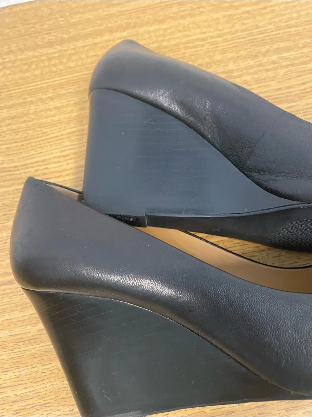 Tory Burch Black Leather Peep-Toe Heels with Gold Logo Medallion